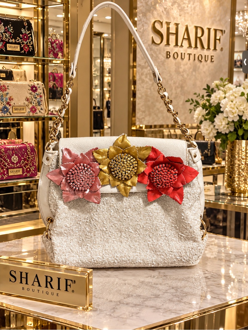 Sharif White Shoulder Bag with Pink, Gold & Red Floral Appliqués